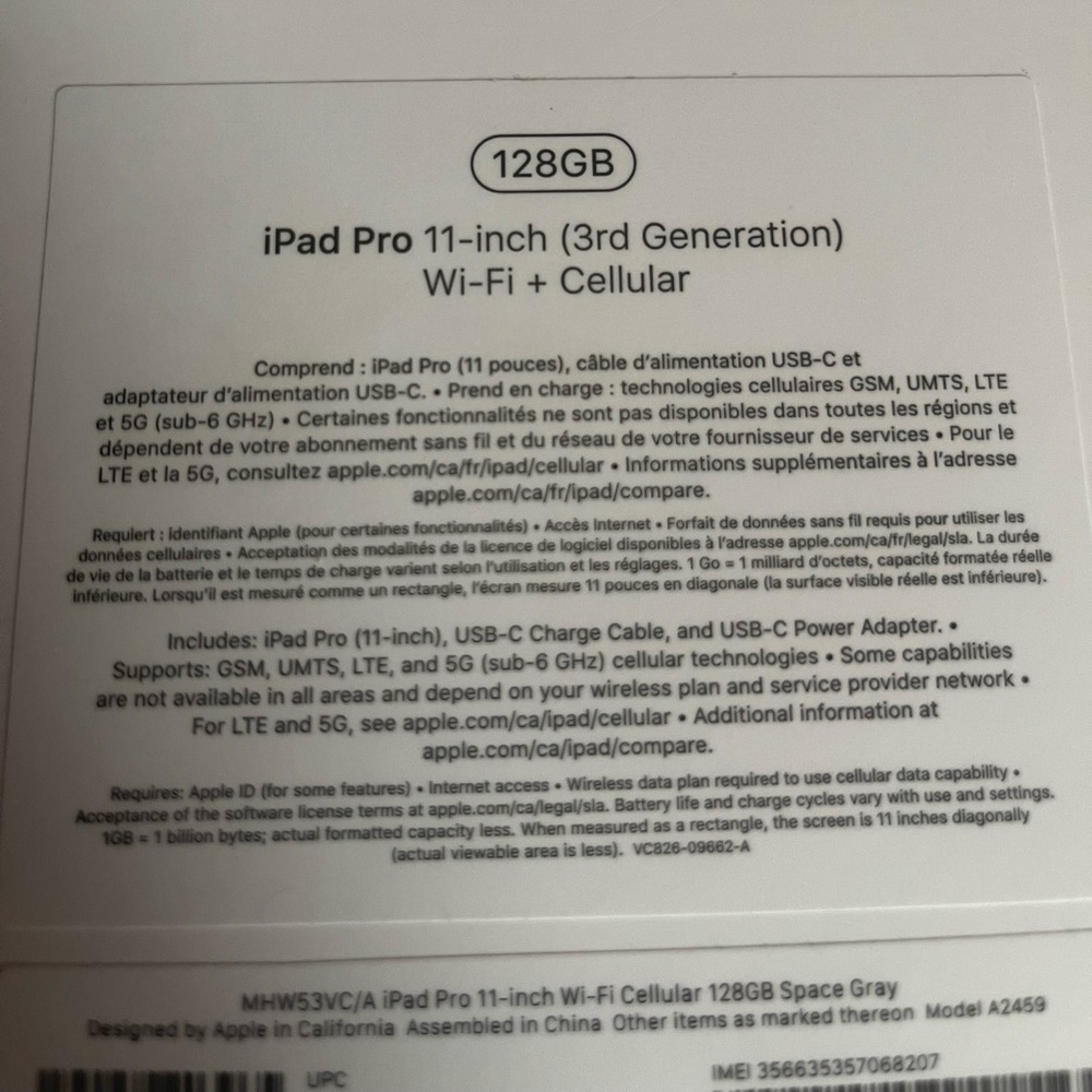 Ipad pro 11 3gen 128gb wifi+cellular new in box